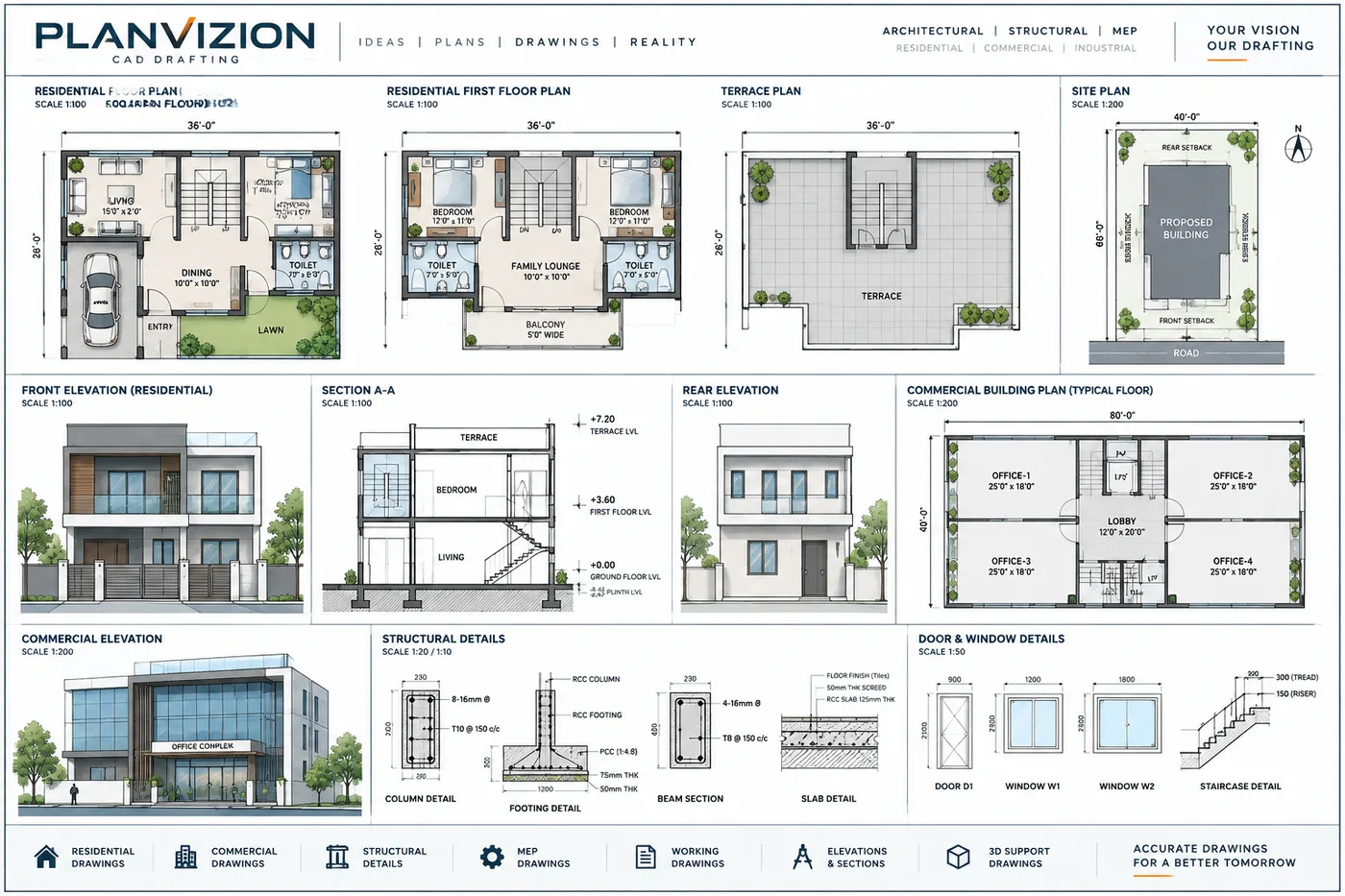 Residential and commercial floor plan CAD drafting layouts