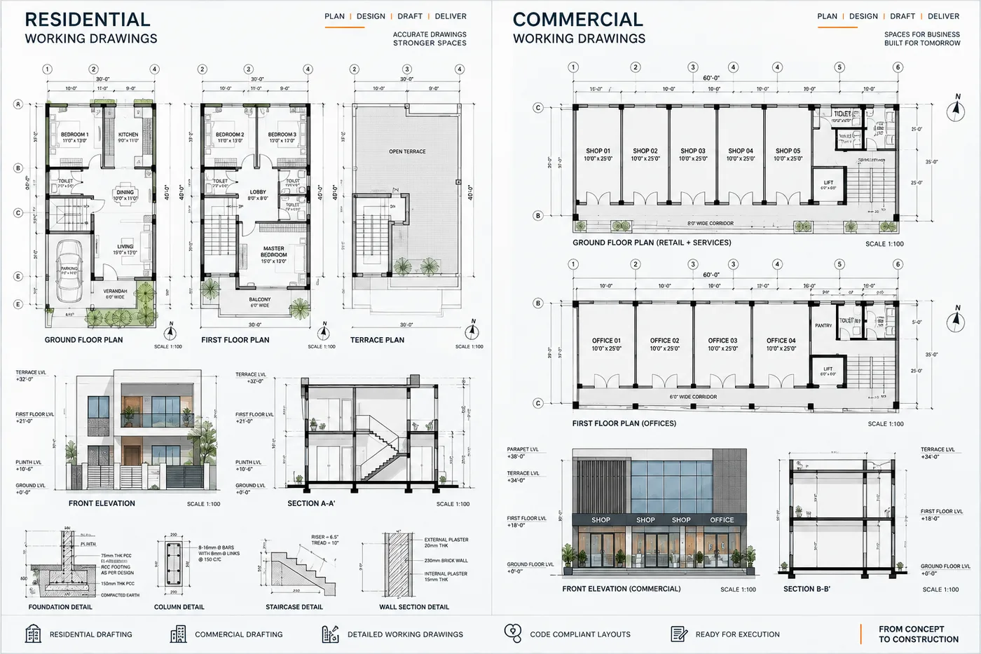 Residential and commercial architectural CAD layouts, floor plans, elevations and sections