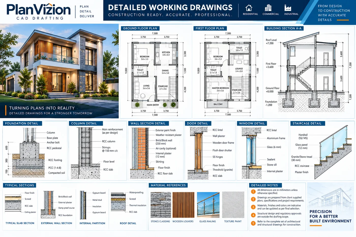 Detailed CAD working drawing presentation with plans, sections and construction details
