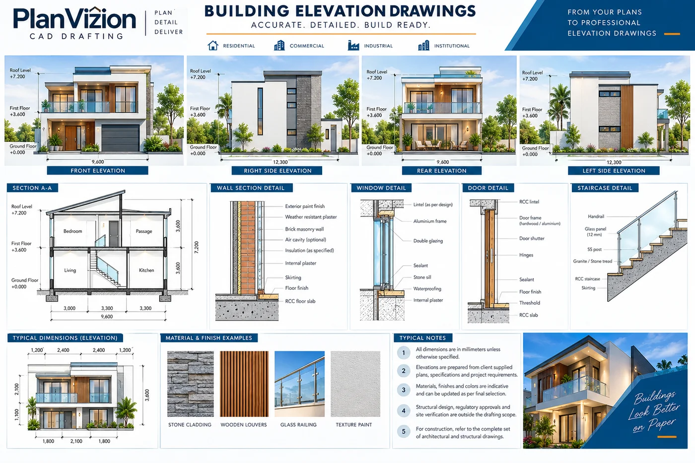 Building elevation CAD drawings with front, rear and side elevation details